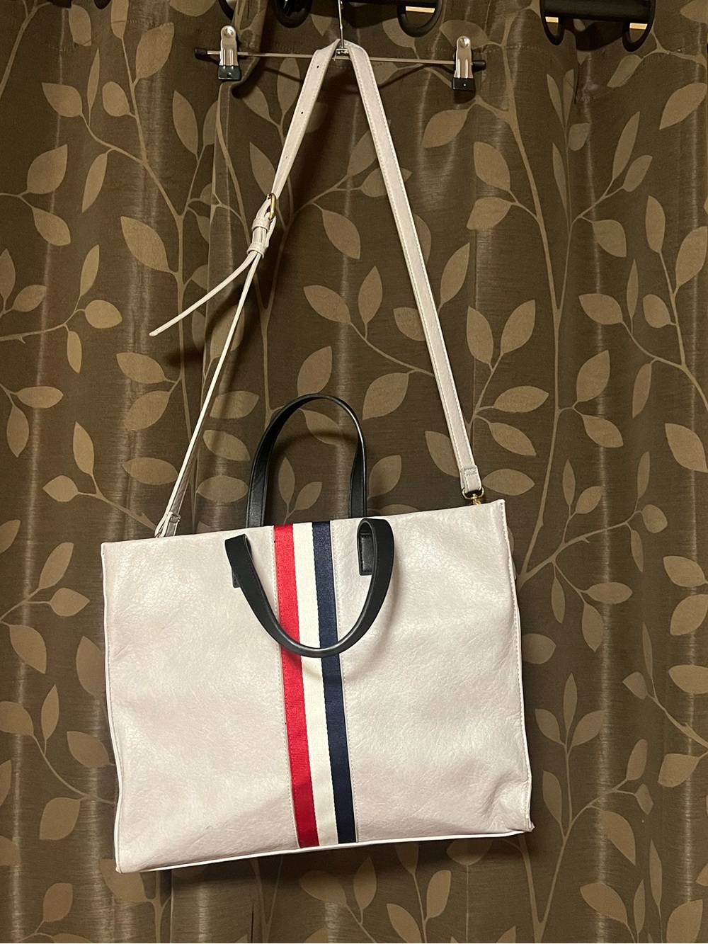 Gray Tote Bag with Red and Navy Center Stripes